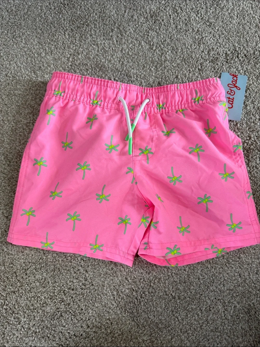 NWT Boys Cat & Jack Neon Pink Palm Print Lined Swim Shorts 3T
